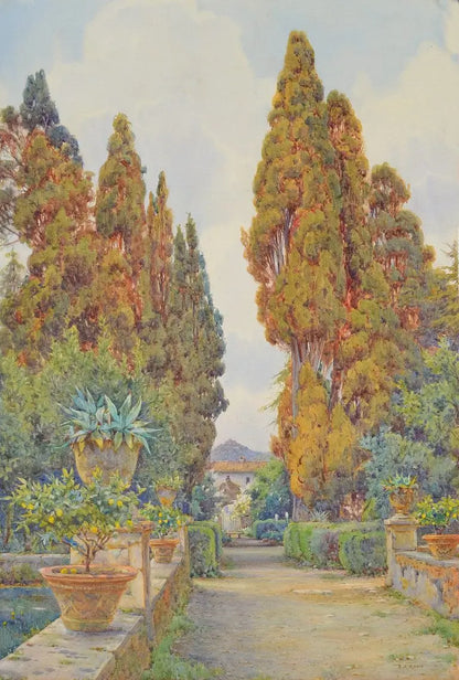 Ernest Arthur Rowe - Cypresses, Villa D'Este, Tivoli, watercolour, early 20th century - Darnley Fine Art