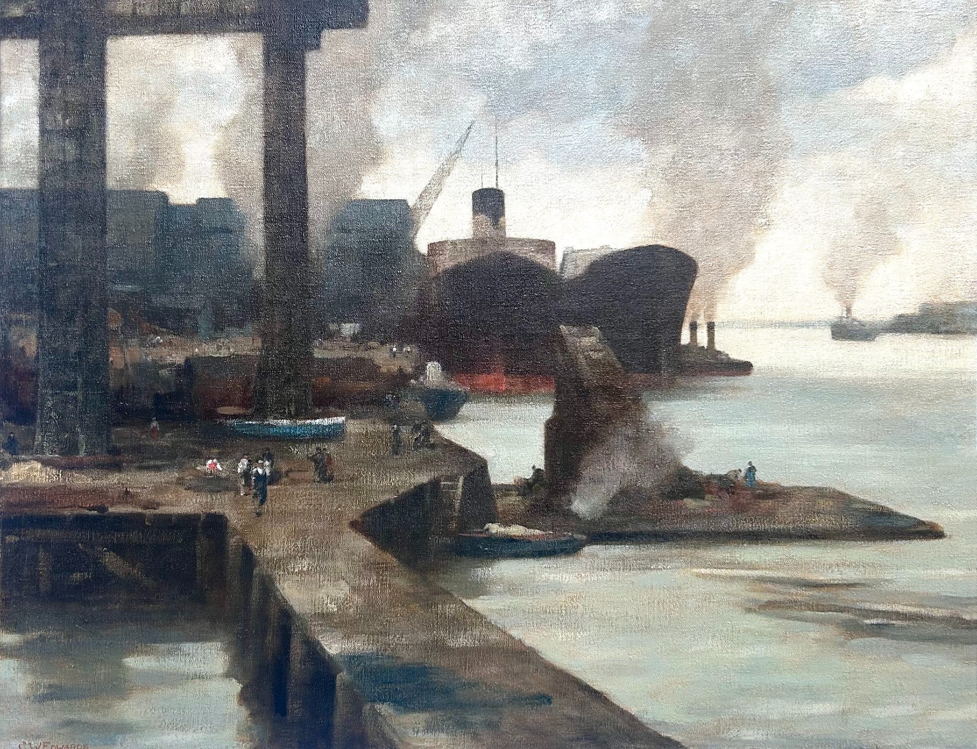 Cyril Walduck Edwards - The Dockyard, London, oil on canvas, 20th century - Darnley Fine Art