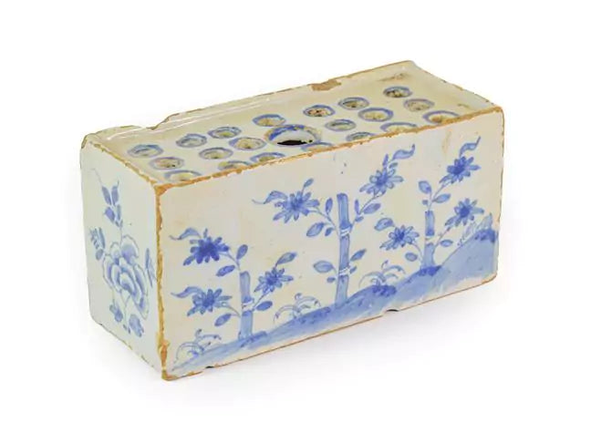 English School - Delft Flower Brick, delftware pottery with blue glaze, mid 18th century - Darnley Fine Art