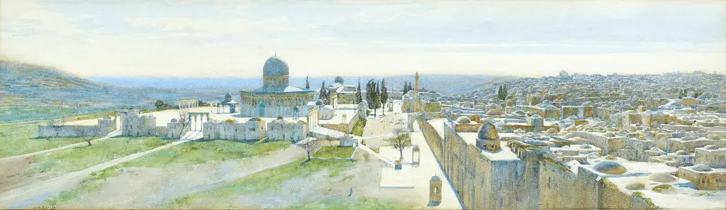 Alfred Edward Emslie - Dome of the Rock and Temple area from the north, graphite, watercolour and gouache, 19th century - Darnley Fine Art