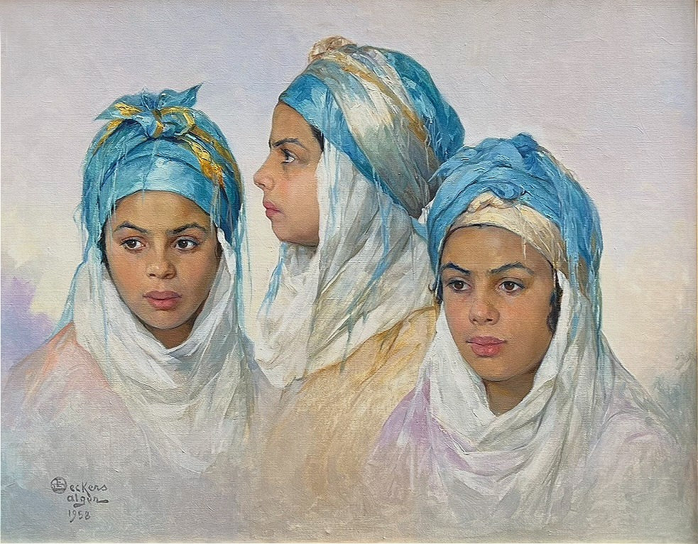 Emile Deckers - The Blue Headdress, oil on canvas, early 20th century - Darnley Fine Art