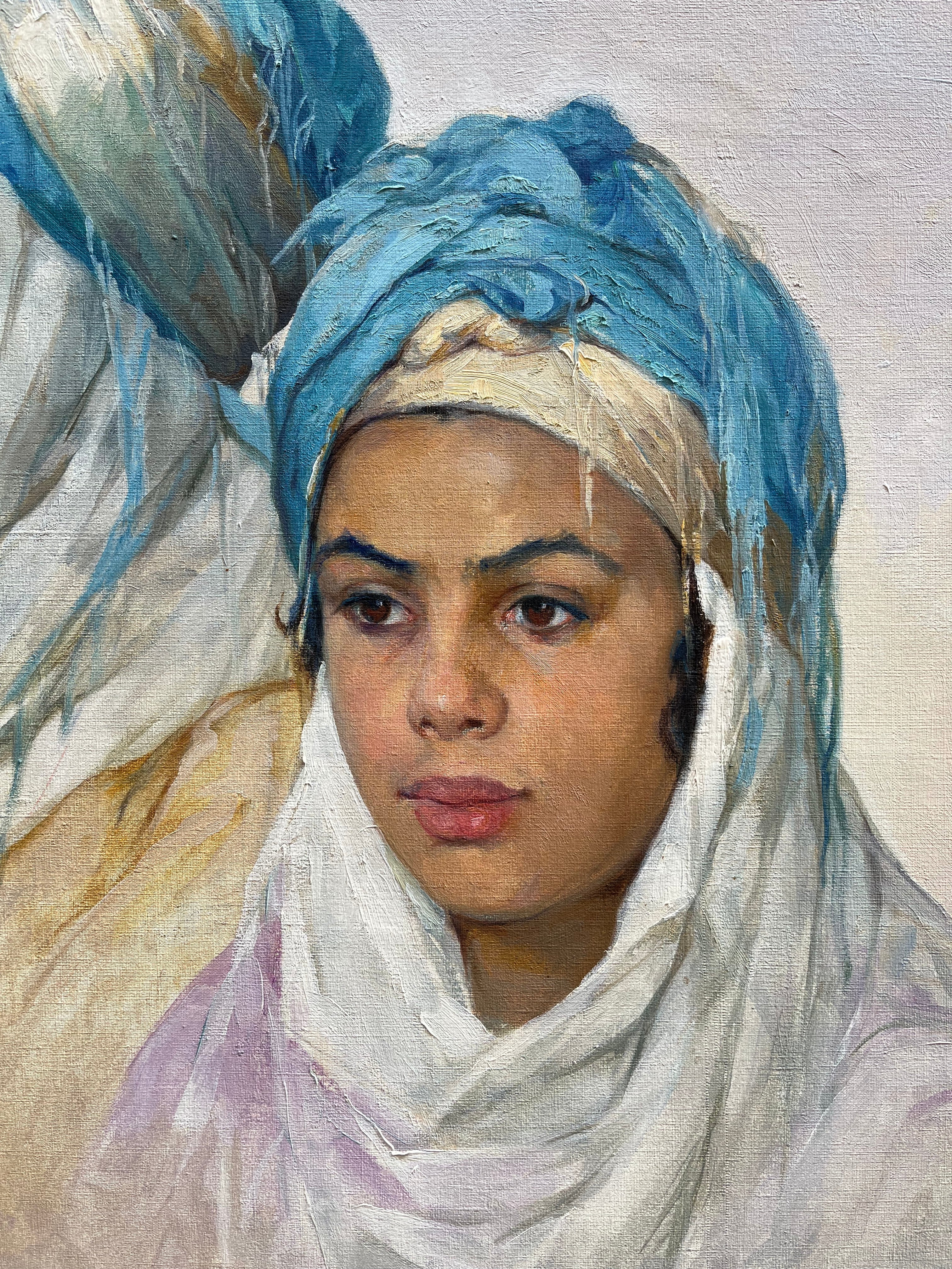 Emile Deckers - The Blue Headdress, oil on canvas, early 20th century - Darnley Fine Art