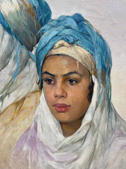 Emile Deckers - The Blue Headdress, oil on canvas, early 20th century - Darnley Fine Art