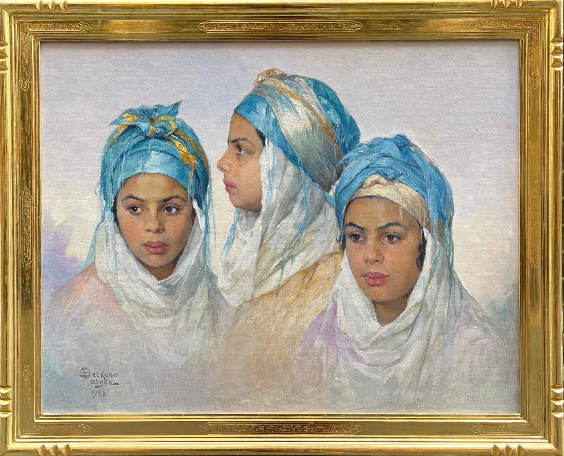 Emile Deckers - The Blue Headdress, oil on canvas, early 20th century - Darnley Fine Art
