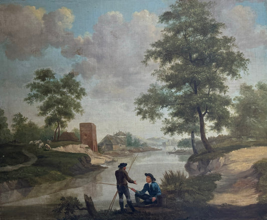 English School - Riverside Conversation, oil on canvas, 18th century - Darnley Fine Art