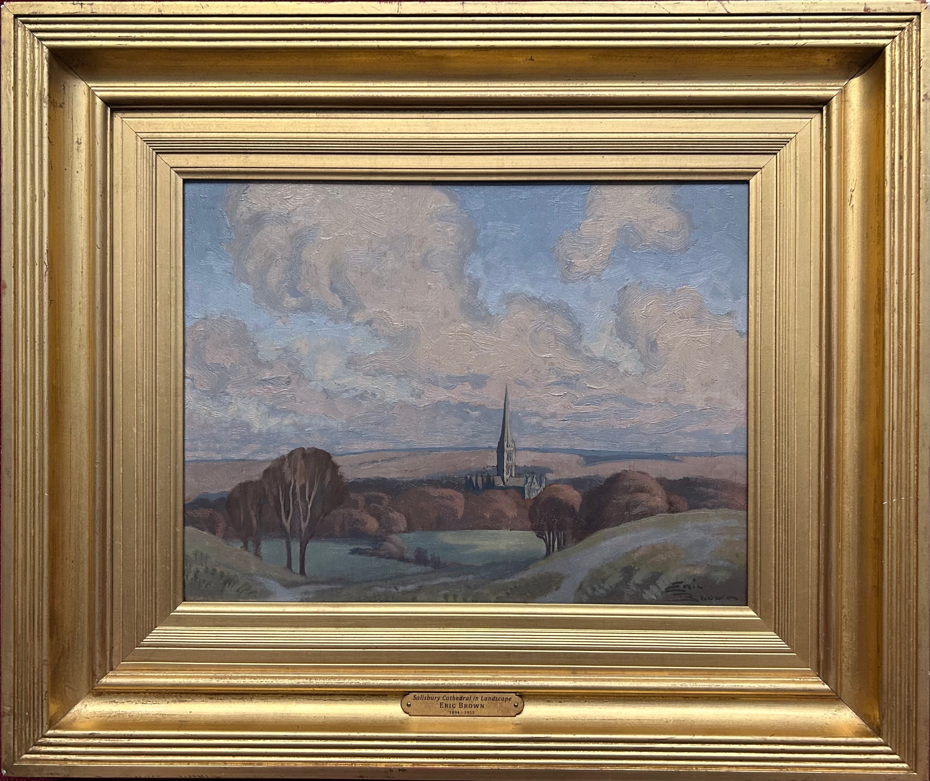 Eric Brown - Salisbury Cathedral in Landscape, oil on board, 20th century - Darnley Fine Art