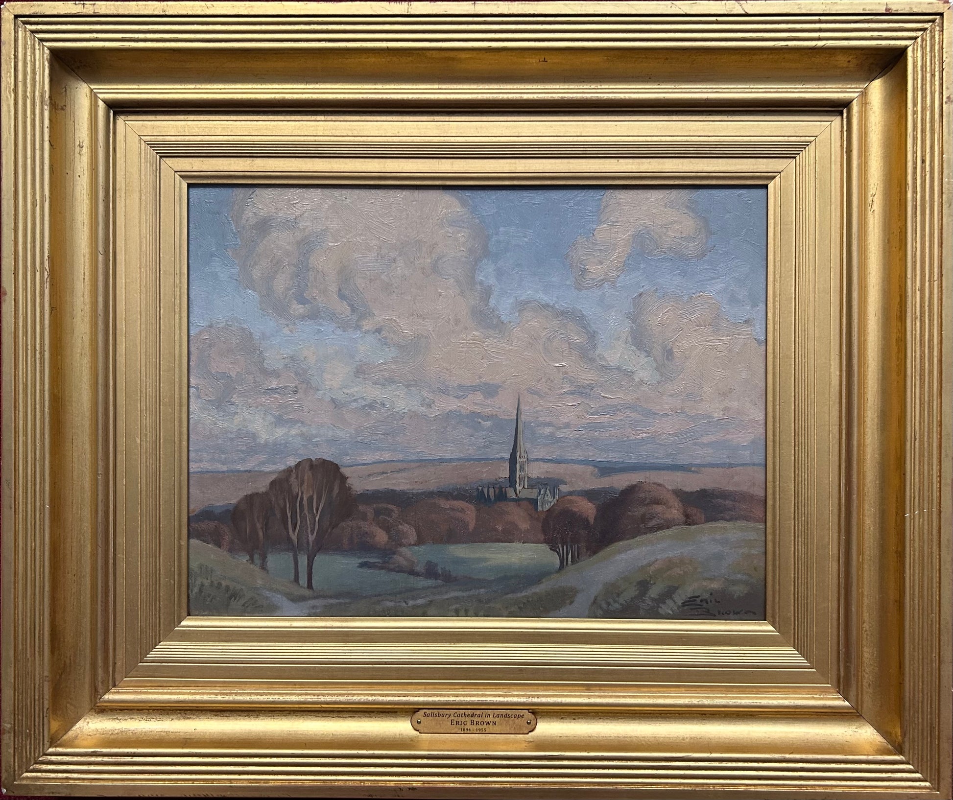 Eric Brown - Salisbury Cathedral in Landscape, oil on board, 20th century - Darnley Fine Art