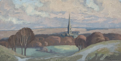 Eric Brown - Salisbury Cathedral in Landscape, oil on board, 20th century - Darnley Fine Art