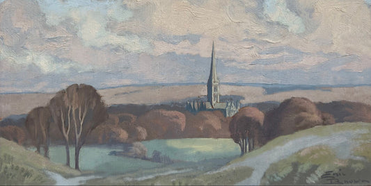 Eric Brown - Salisbury Cathedral in Landscape, oil on board, 20th century - Darnley Fine Art