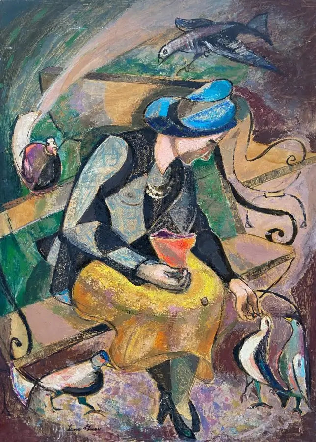 Lena Gurr - Feeding the Birds, oil on board, 20th century - Darnley Fine Art