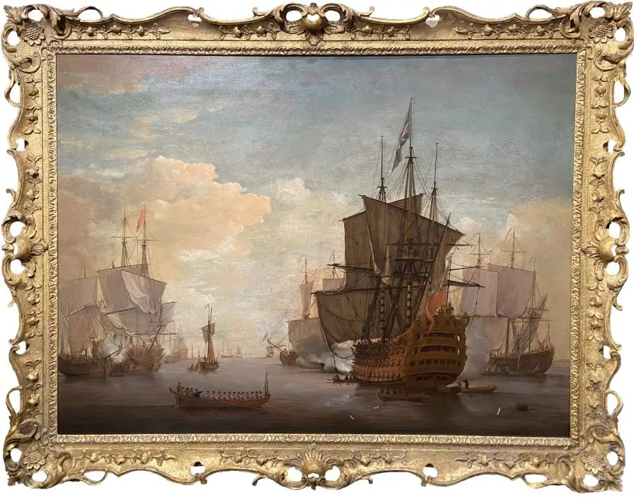 Peter Monamy - Firing a Salute in the Nore, oil on canvas, early 18th century - Darnley Fine Art