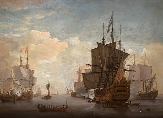 Peter Monamy - Firing a Salute in the Nore, oil on canvas, early 18th century - Darnley Fine Art