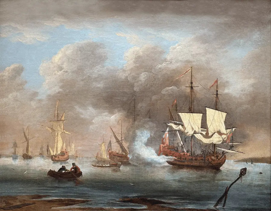 Attributed to Peter Monamy - Firing the Salute, oil on canvas, late 17th/early 18th century - Darnley Fine Art
