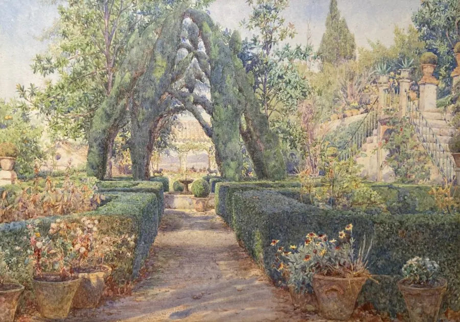 Ernest Arthur Rowe - Flower Gardens at Generalife, Granada, watercolour on paper, 19th century - Darnley Fine Art