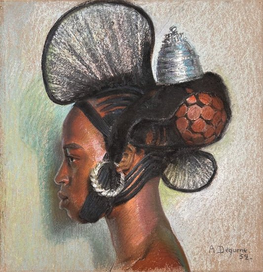 Albert Charles Dequene - Fouta Djallon woman with crest headdress, pastel on paper, 20th century - Darnley Fine Art