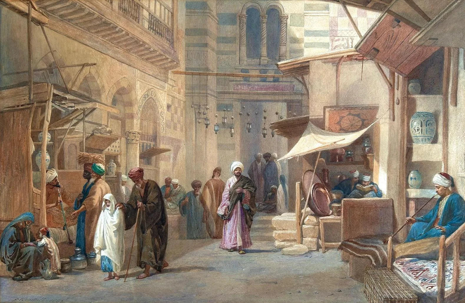 Frederick Goodall - The Copper Market, Cairo, watercolour on paper, 19th century - Darnley Fine Art