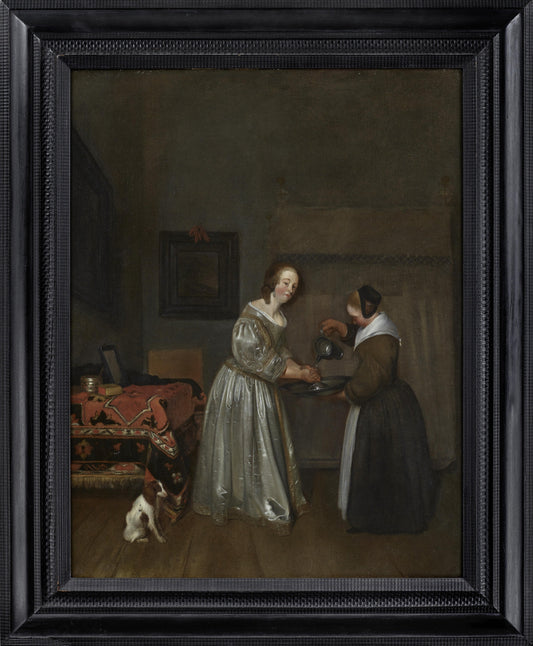 Gerard Ter Borch - Interior with a Lady in Grey Washing Her Hands, oil on canvas, 17th century - Darnley Fine Art