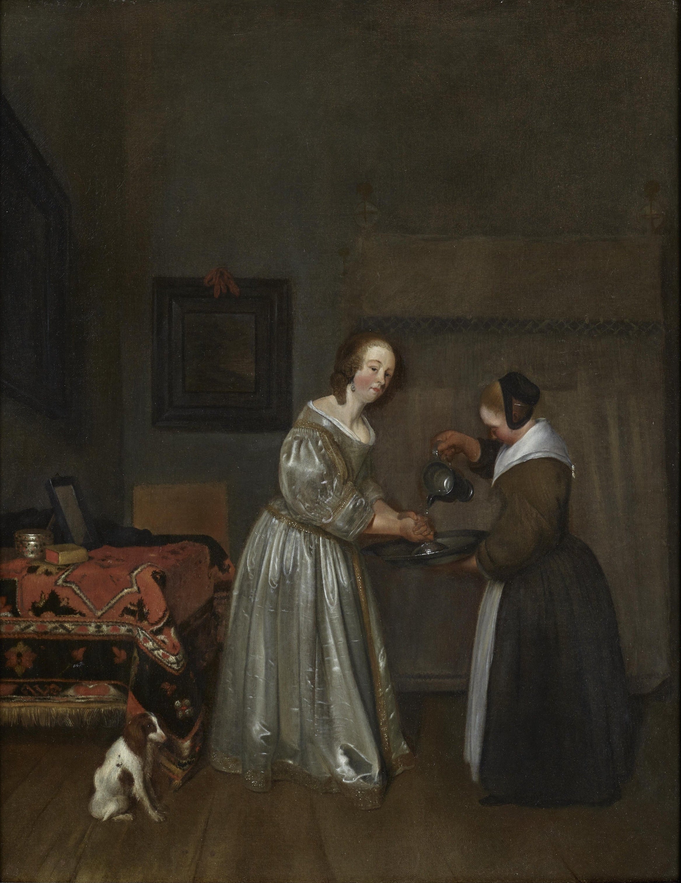 Gerard Ter Borch - Interior with a Lady in Grey Washing Her Hands, oil on canvas, 17th century - Darnley Fine Art