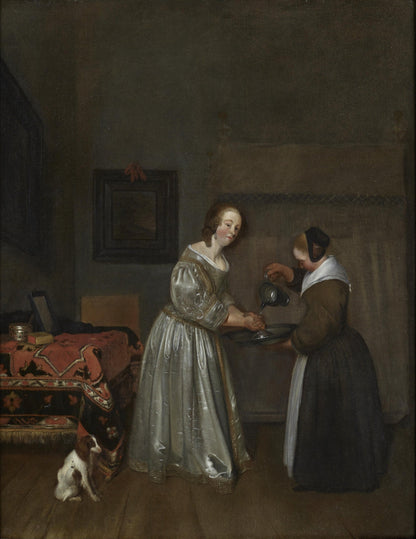 Gerard Ter Borch - Interior with a Lady in Grey Washing Her Hands, oil on canvas, 17th century - Darnley Fine Art