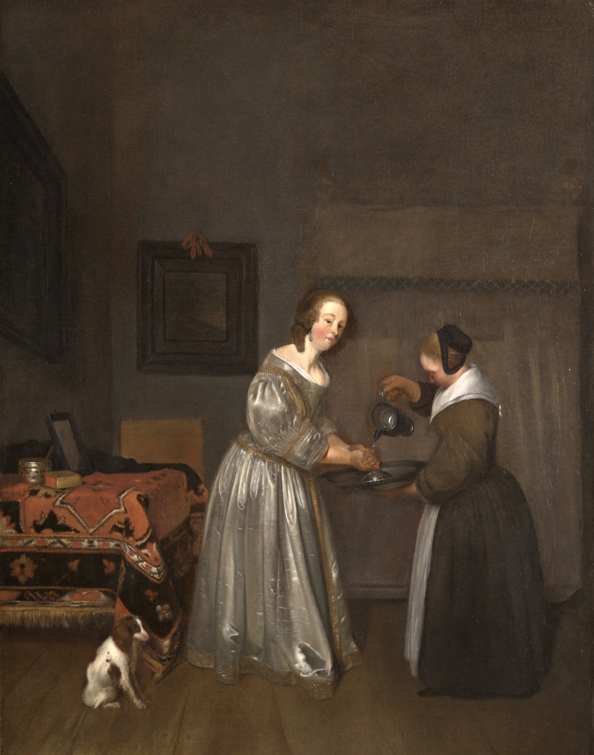Gerard ter Borch - Interior with a Lady in Grey Washing her Hands, oil on canvas, 17th century - Darnley Fine Art
