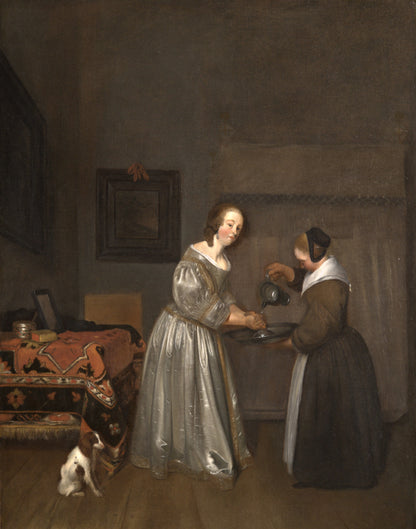 Gerard ter Borch - Interior with a Lady in Grey Washing her Hands, oil on canvas, 17th century - Darnley Fine Art