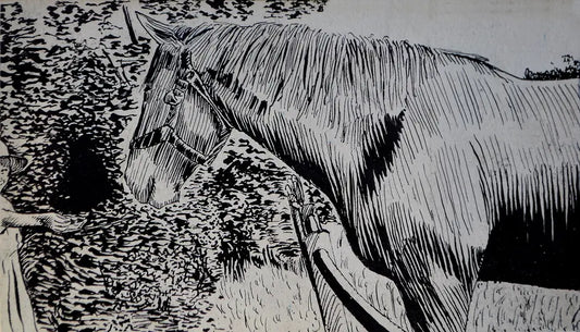 Charles Inder - Girl Feeding Horse, ink on paper, 20th century - Darnley Fine Art