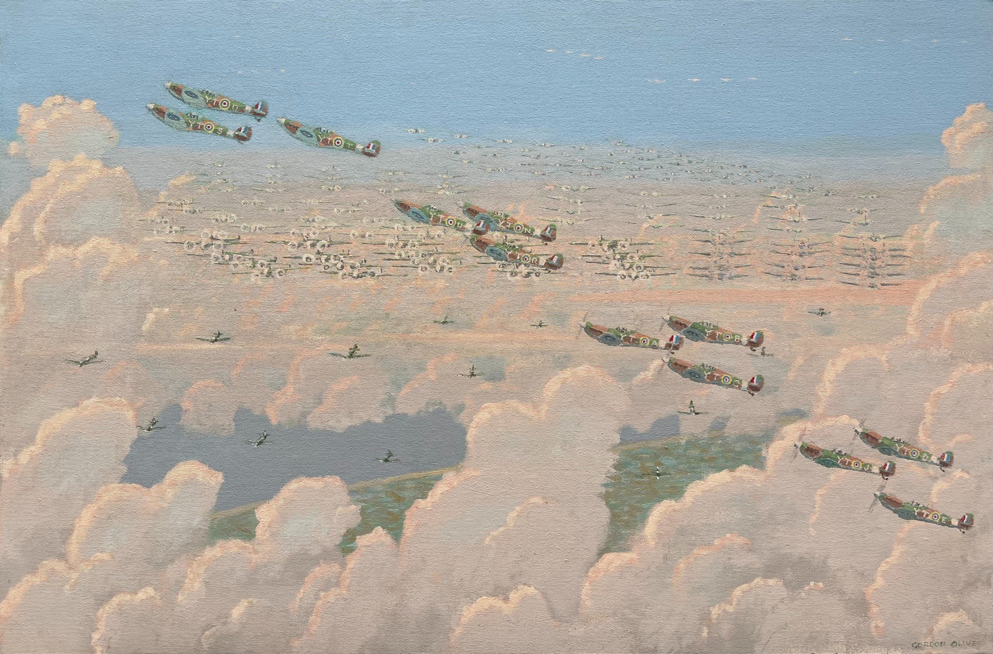 Charles Gordon Chaloner Olive - The Battle of Britiain: No. 65 Squadron, oil on board, 20th century - Darnley Fine Art