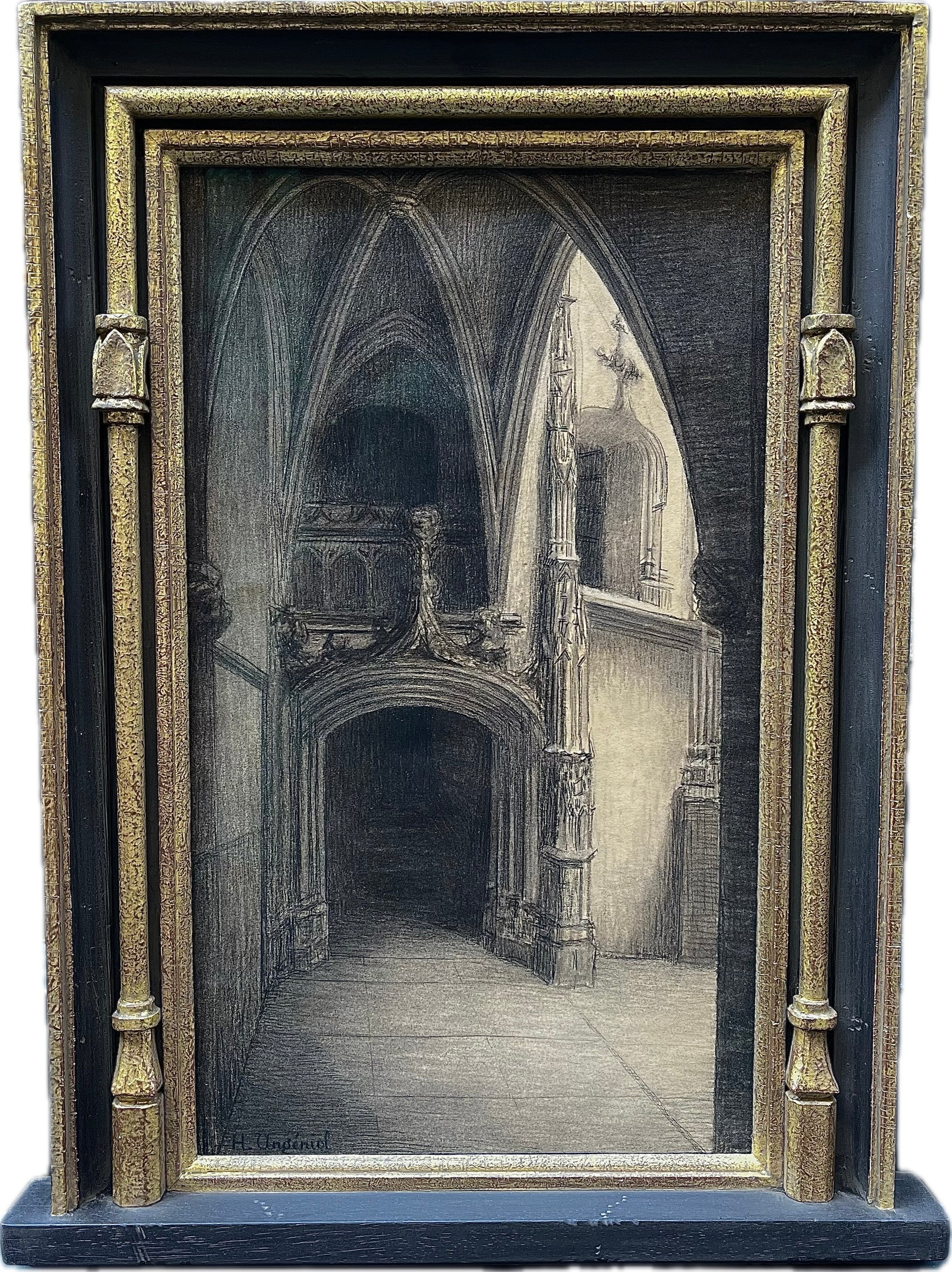 Henri Charles Angeniol - Gothic Church, pencil on paper, 20th century - Darnley Fine Art