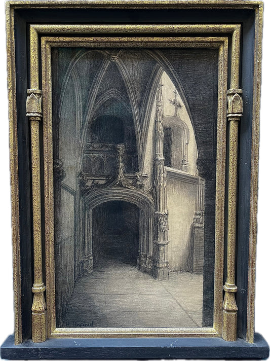 Henri Charles Angeniol - Gothic Church, pencil on paper, 20th century - Darnley Fine Art