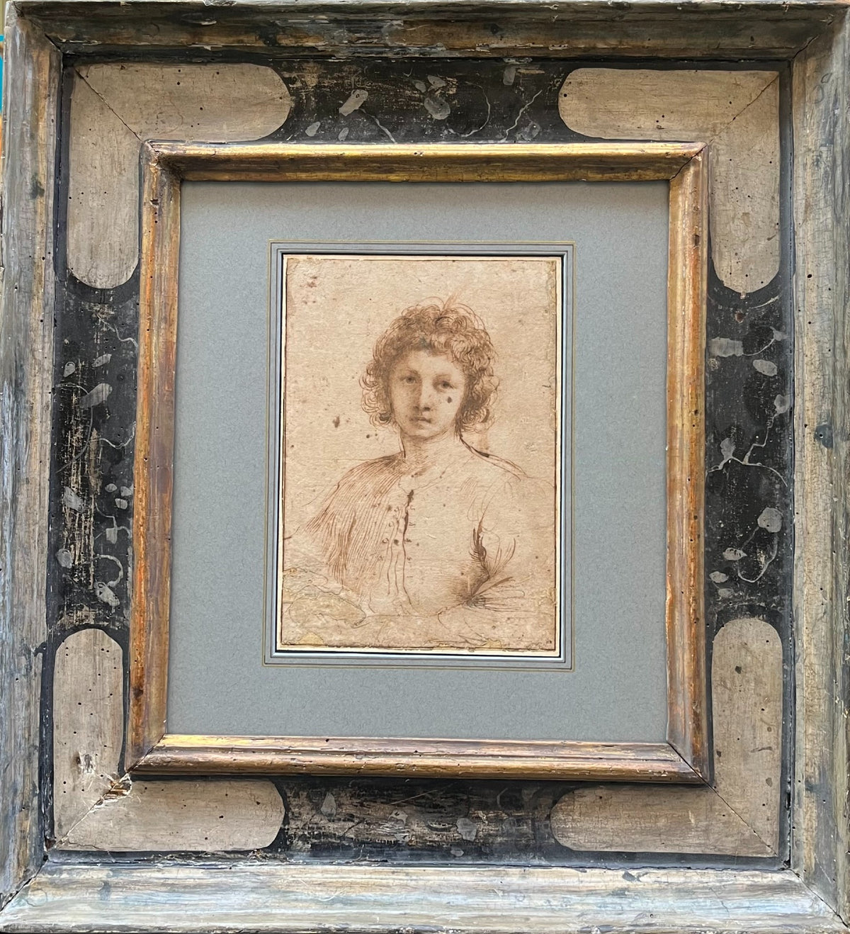 Giovanni Francesco Barbieri Guercino - Half-length Study of a Youth, pen and brown ink on paper, 17th century - Darnley Fine Art