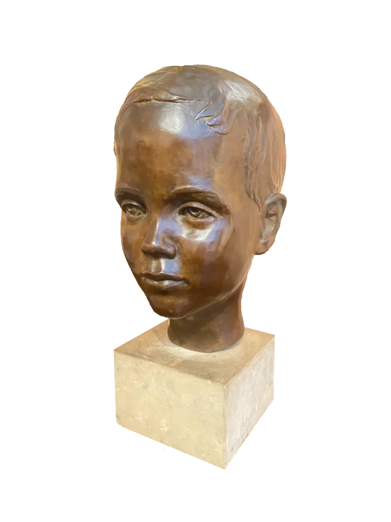 English School - Head of a Young Boy, bronze with stone base, 20th century - Darnley Fine Art