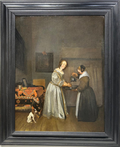 Gerard ter Borch - Interior with a Lady in Grey Washing her Hands, oil on canvas, 17th century - Darnley Fine Art