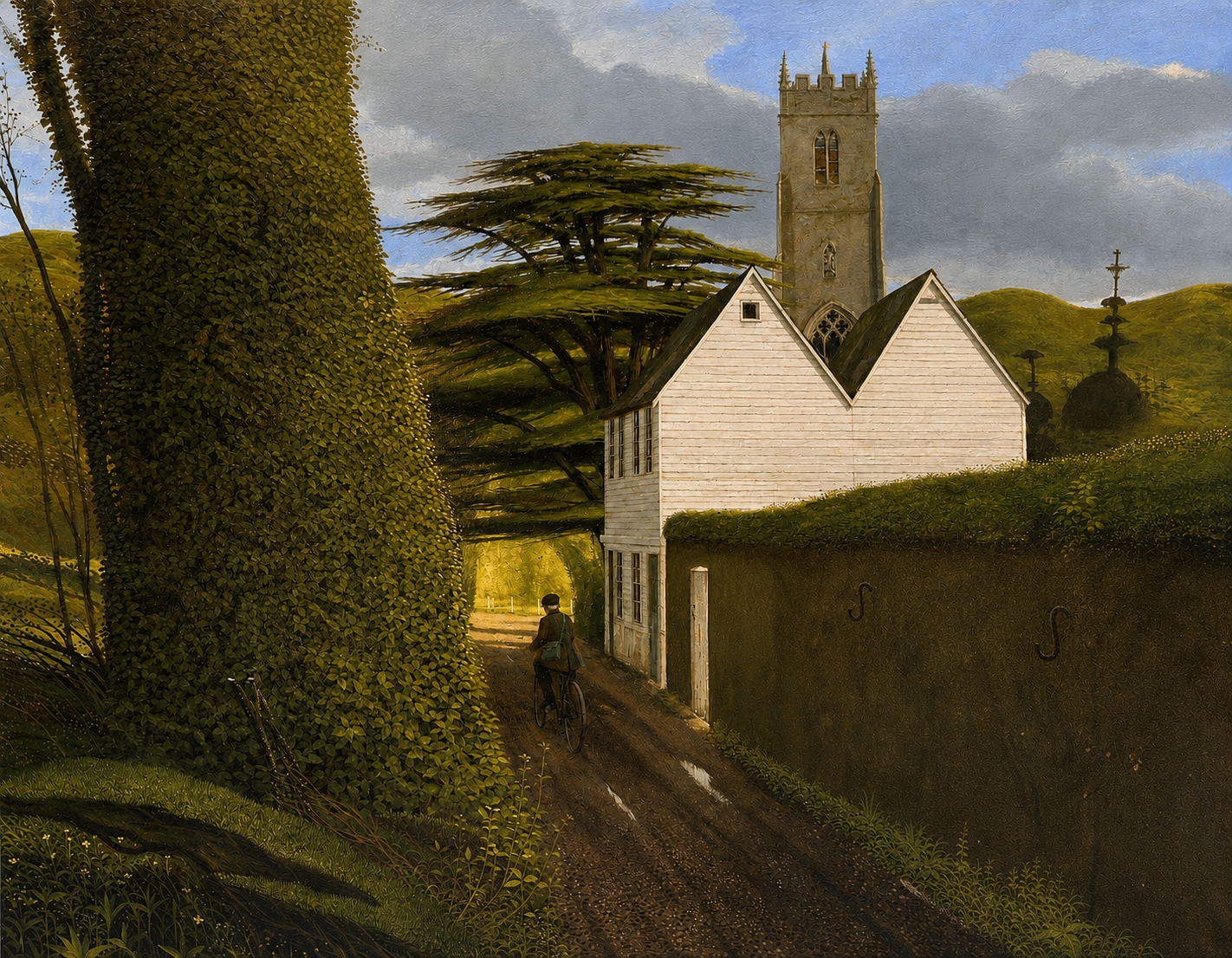 John Shelley - The White Cottages, oil on board, 20th century - Darnley Fine Art