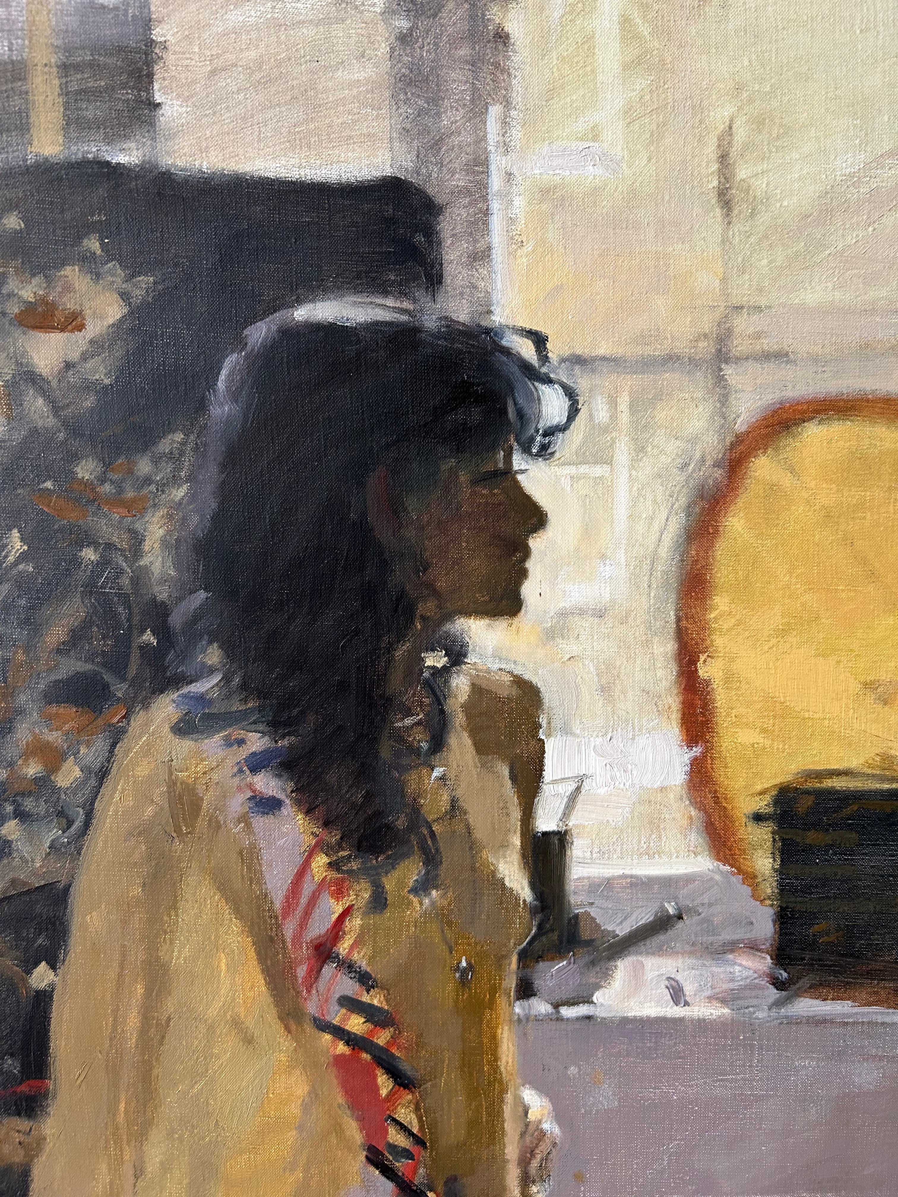 Ken Howard - Sarah - Harmony in Red and Grey, oil on canvas, 20th century - Darnley Fine Art