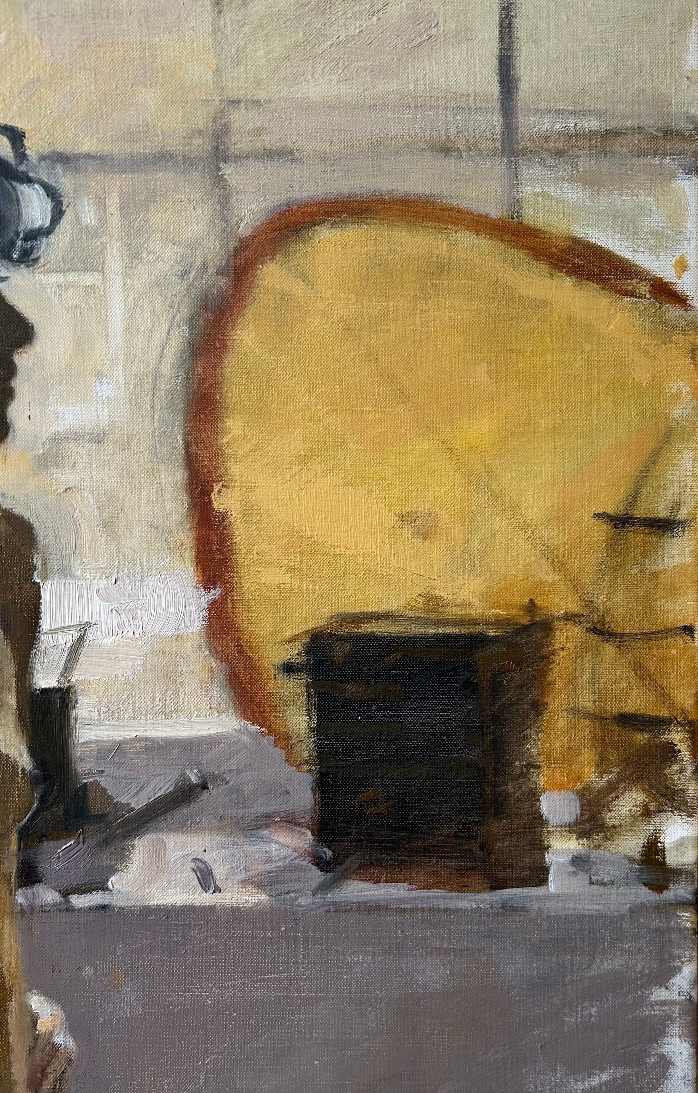 Ken Howard - Sarah - Harmony in Red and Grey, oil on canvas, 20th century - Darnley Fine Art