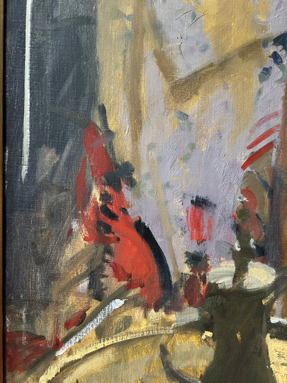 Ken Howard - Sarah - Harmony in Red and Grey, oil on canvas, 20th century - Darnley Fine Art