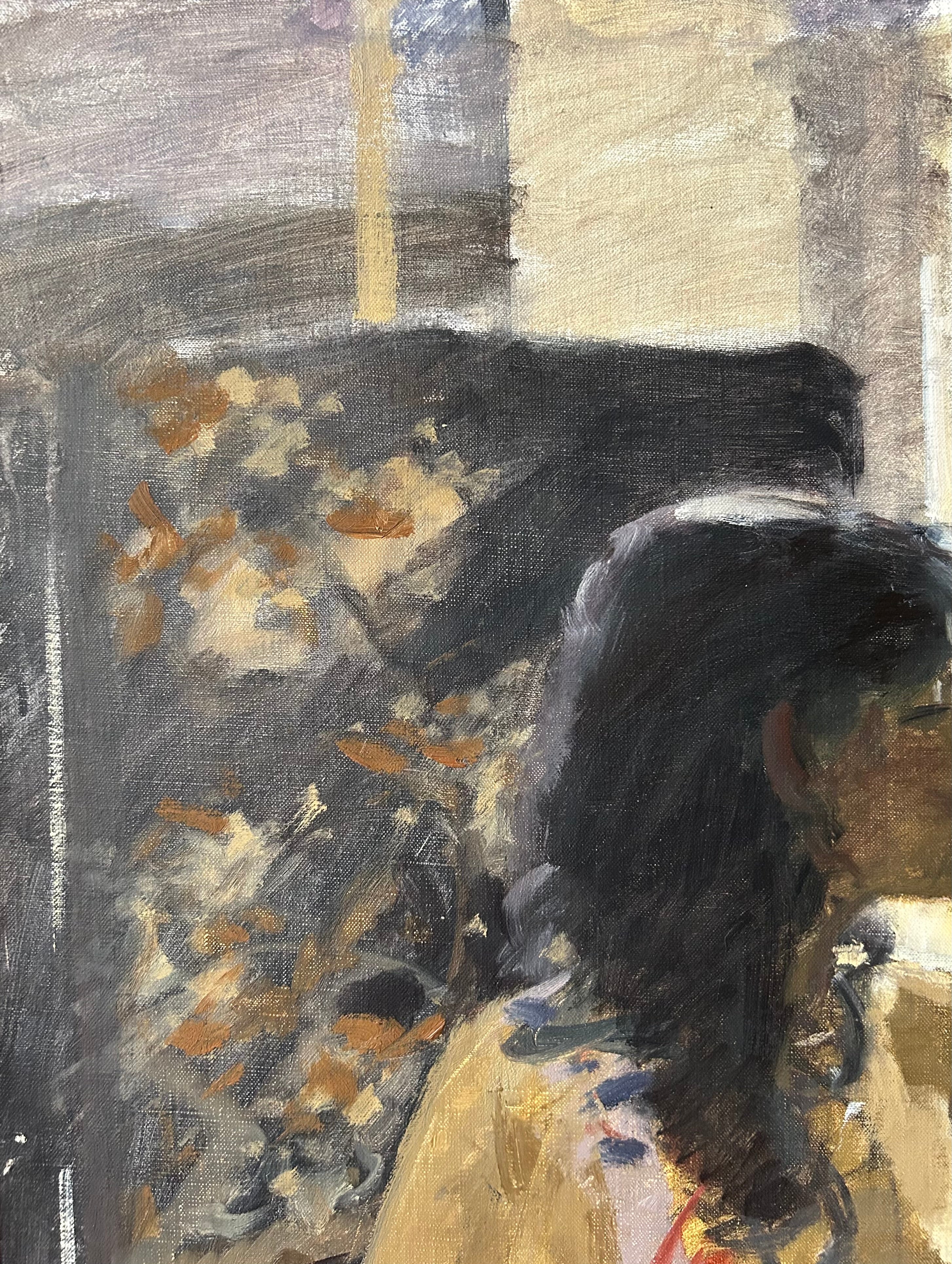 Ken Howard - Sarah - Harmony in Red and Grey, oil on canvas, 20th century - Darnley Fine Art