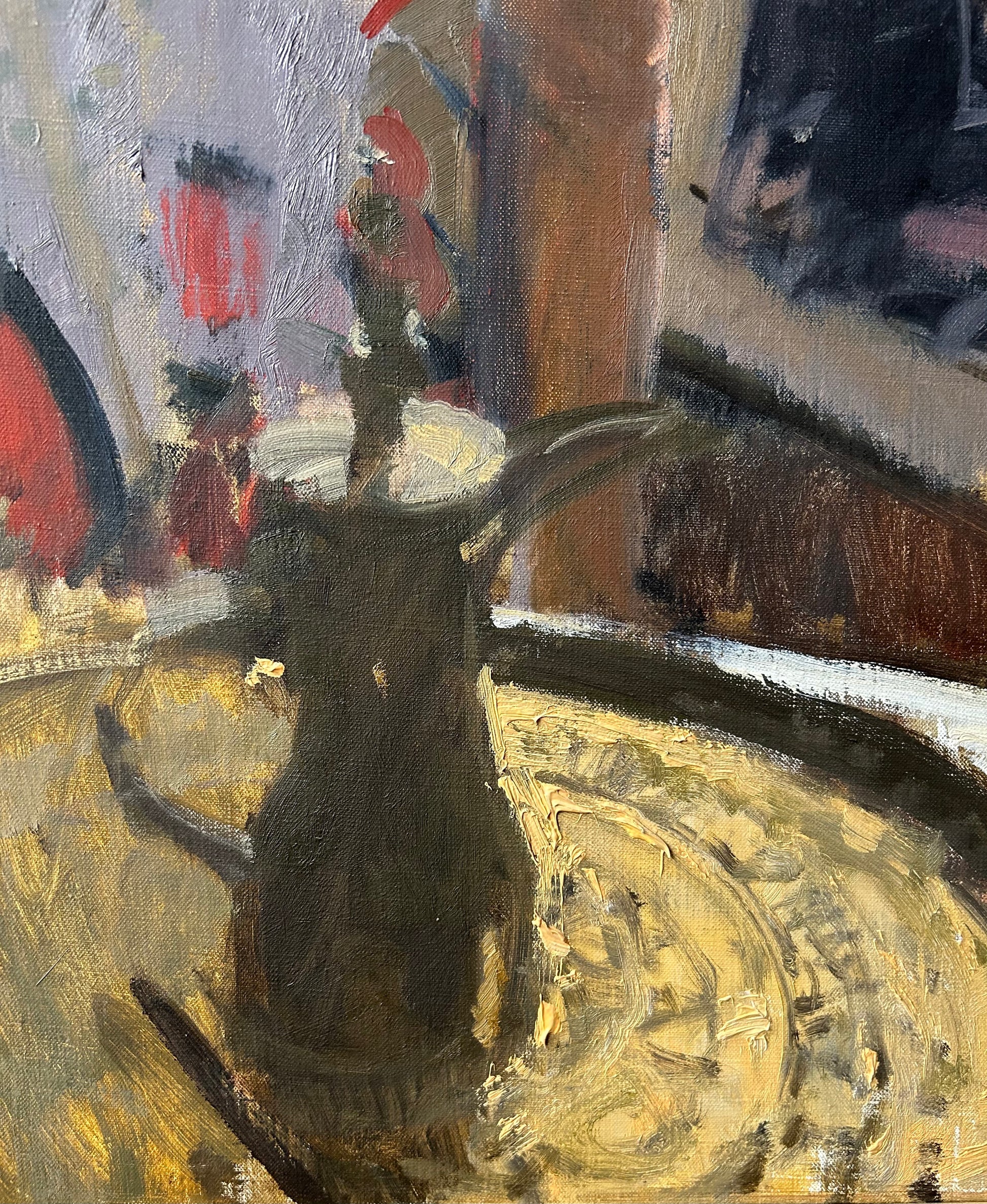 Ken Howard - Sarah - Harmony in Red and Grey, oil on canvas, 20th century - Darnley Fine Art