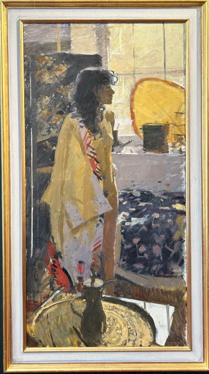 Ken Howard - Sarah - Harmony in Red and Grey, oil on canvas, 20th century - Darnley Fine Art