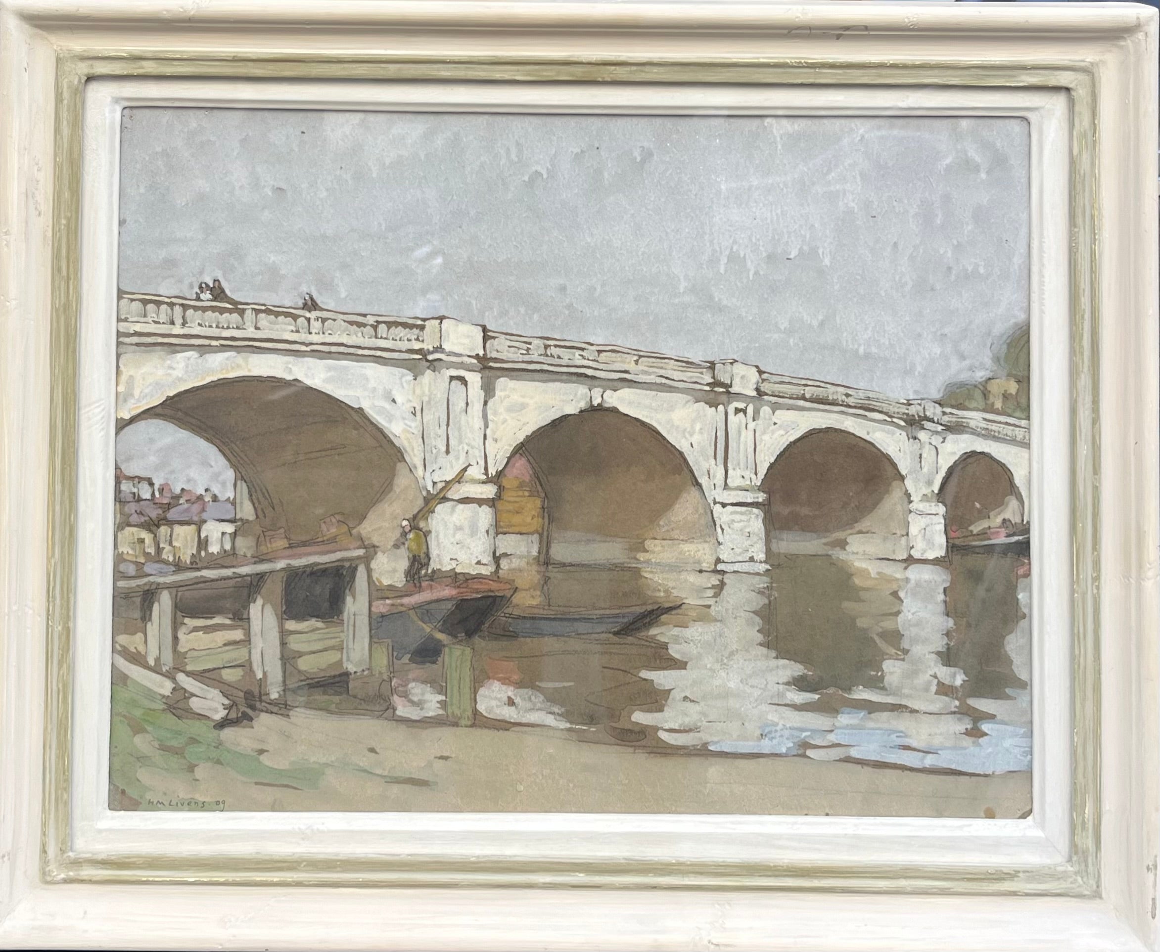 Horace Mann Livens - Kingston Bridge, watercolour and gouache on paper, early 20th century - Darnley Fine Art