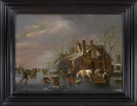 Nicolaes Klaes Molenaer - Winter Landscape with Ice Skaters, oil on oak panel, 17th century - Darnley Fine Art