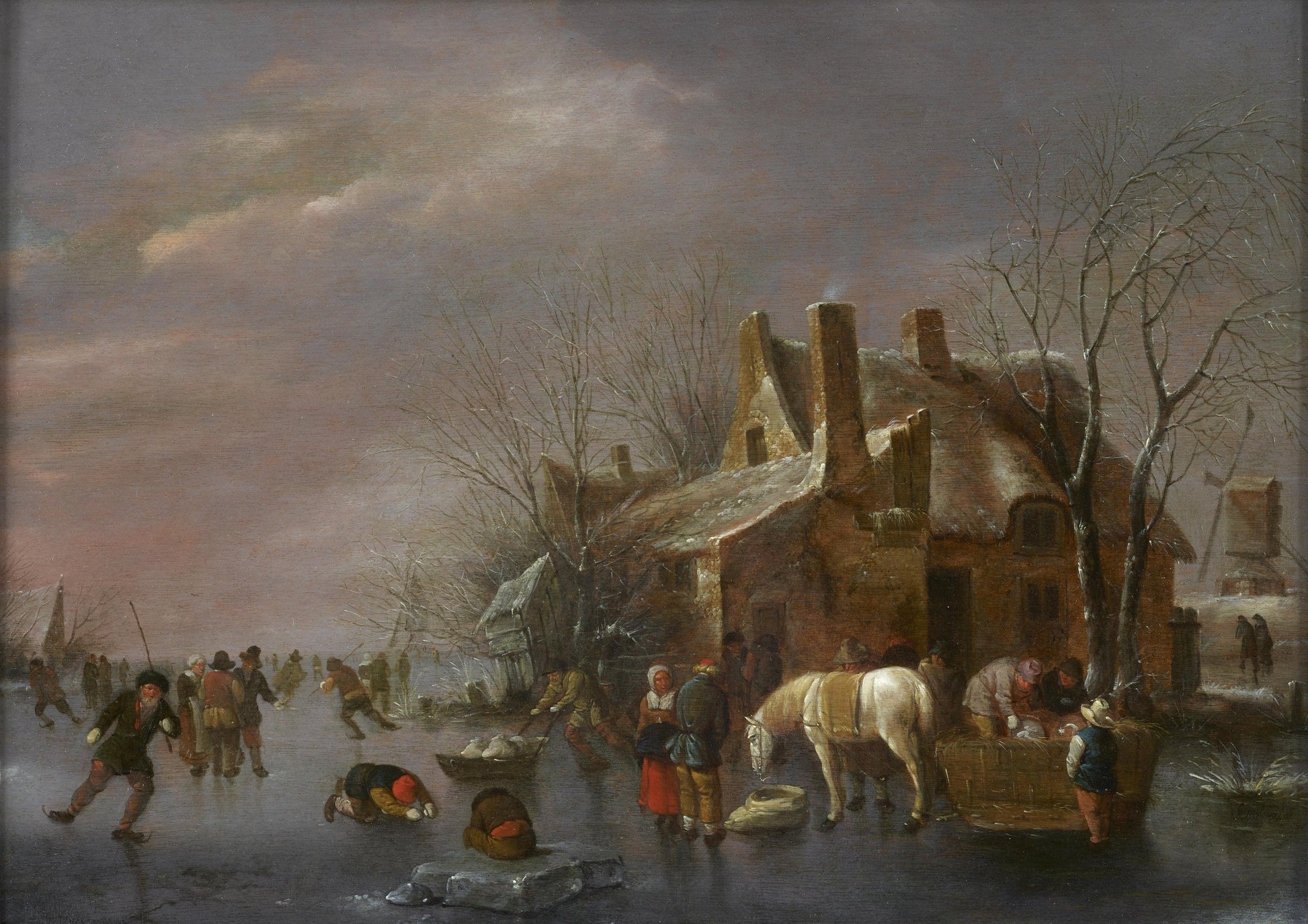 Nicolaes Klaes Molenaer - Winter Landscape with Ice Skaters, oil on oak panel, 17th century - Darnley Fine Art