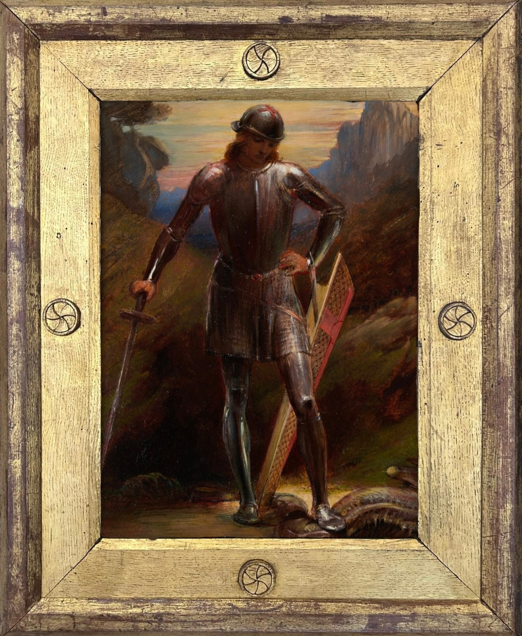 George Richmond - The Red Cross Knight Slaying the Dragon, oil on paper, 19th century - Darnley Fine Art