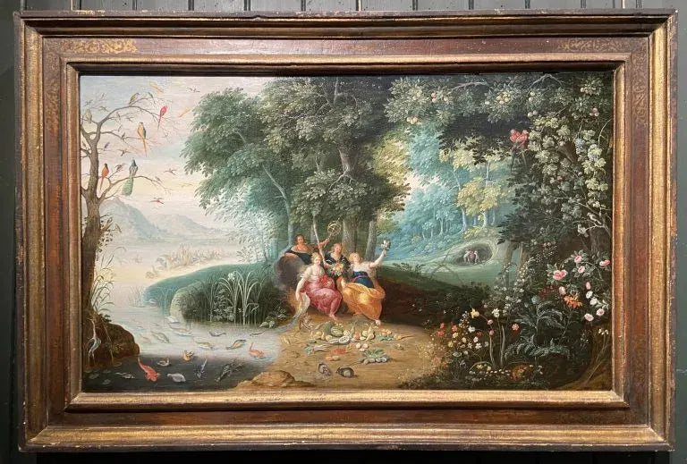 Studio of Jan Brueghel the Younger - Landscape with an Allegory of the Four Elements, oil on oak panel, 17th century - Darnley Fine Art