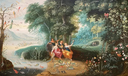 Studio of Jan Brueghel the Younger - Landscape with an Allegory of the Four Elements, oil on oak panel, 17th century - Darnley Fine Art