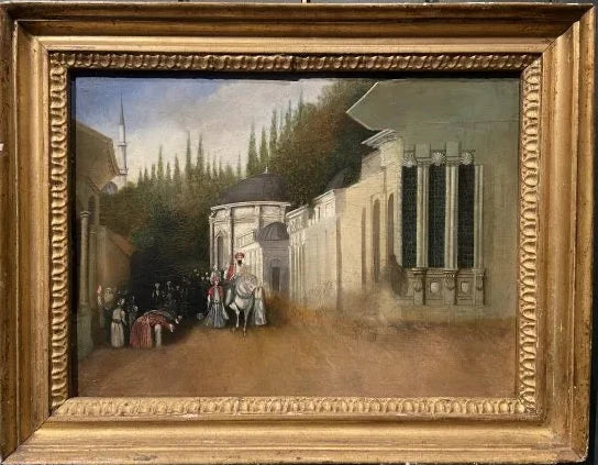 British School - Leaving the Palace, Turkey, oil on panel, 19th century - Darnley Fine Art
