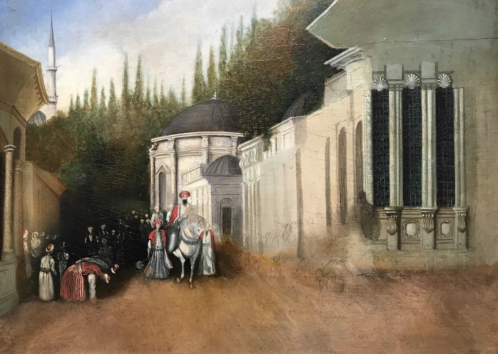British School - Leaving the Palace, Turkey, oil on panel, 19th century - Darnley Fine Art