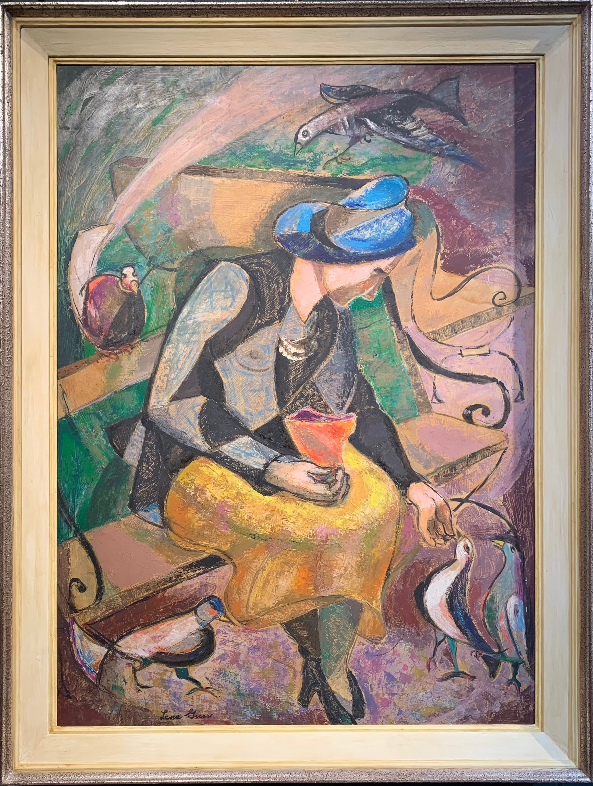Lena Gurr - Feeding the Birds, oil on board, 20th century - Darnley Fine Art