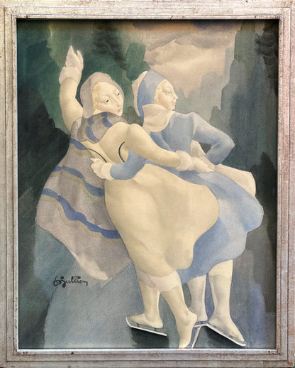 Louis-Marie Jullien - The Ice Skaters, watercolour on paper, 20th century - Darnley Fine Art