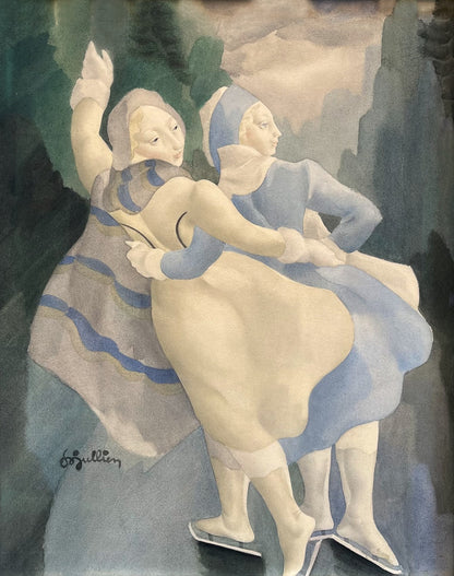 Louis-Marie Jullien - The Ice Skaters, watercolour on paper, 20th century - Darnley Fine Art